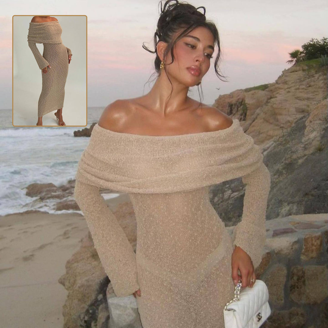 New One-shoulder Knitted Long-sleeved Dress Sexy Beach Holiday Long Dresses Womens Clothing Limorista