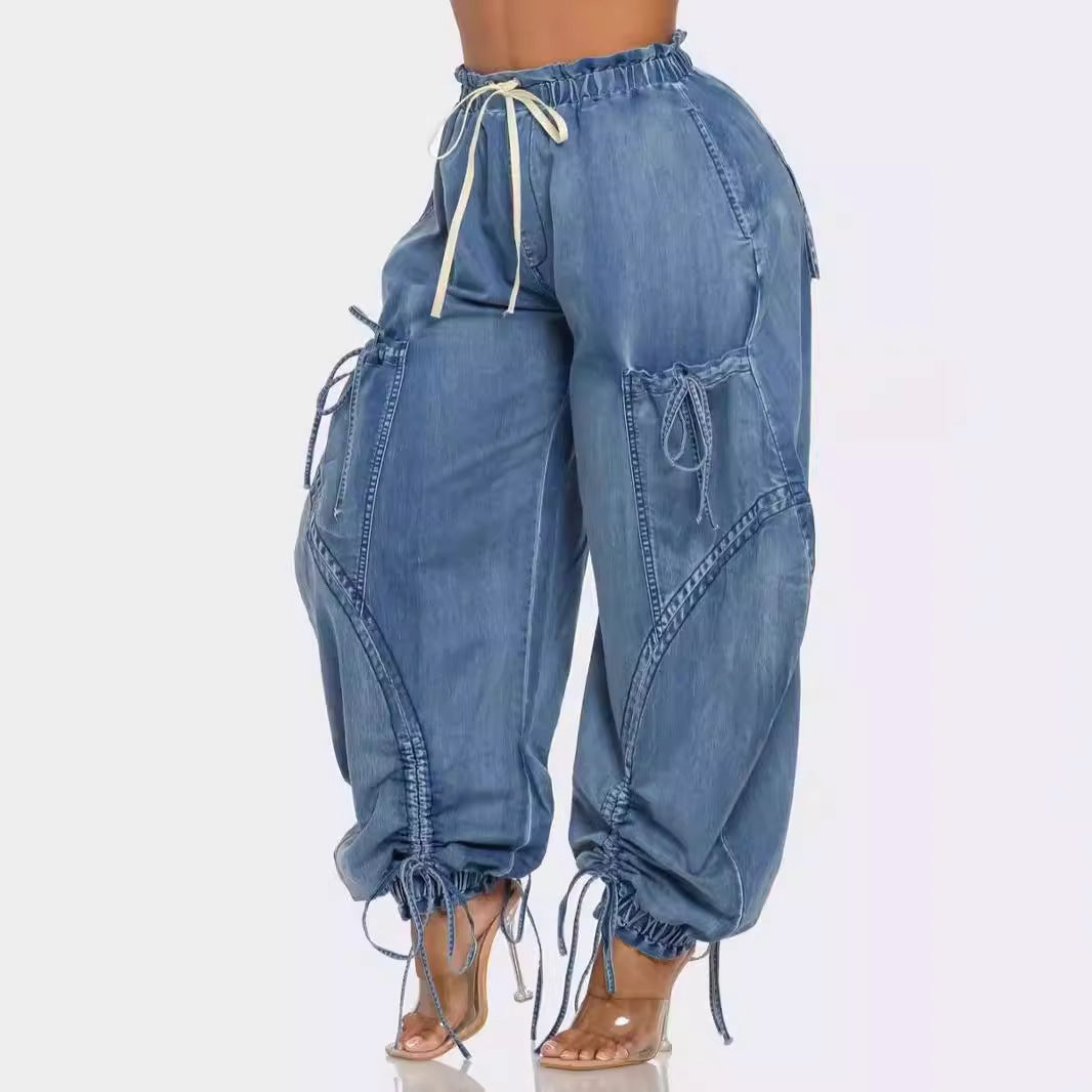 Rope Adjustable Elastic Waist Drawstring Lace-up Ankle-tied Bow Loose Jeans Limorista
