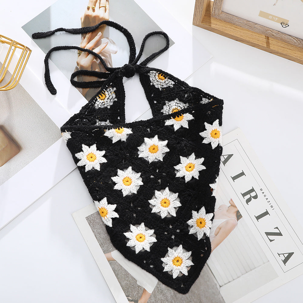 Girl Checker Crochet Triangle Scarf Headband Knitted Flower Limorista