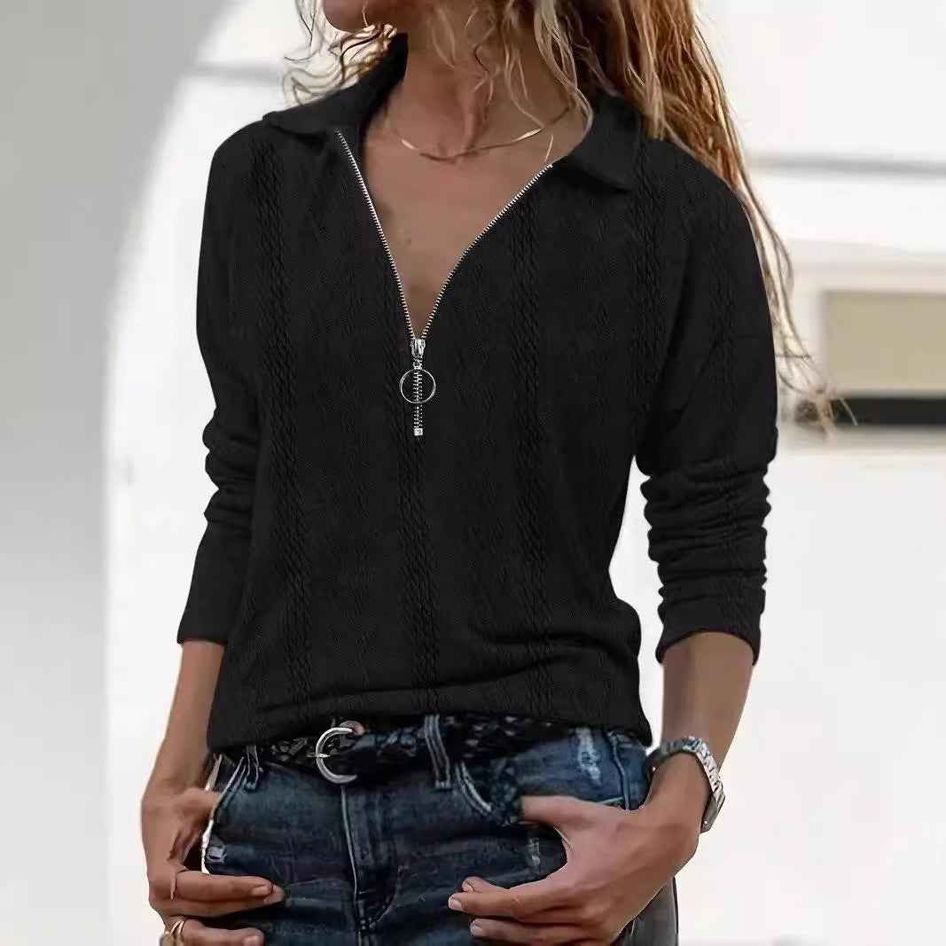 Limorista - Lapel Solid Color Texture Series Zipper Women&