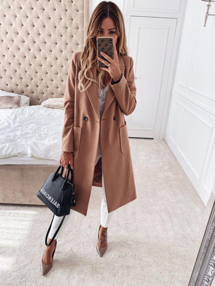 Long candy color lapel woolen coat Limorista