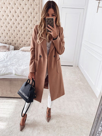 Long candy color lapel woolen coat Limorista