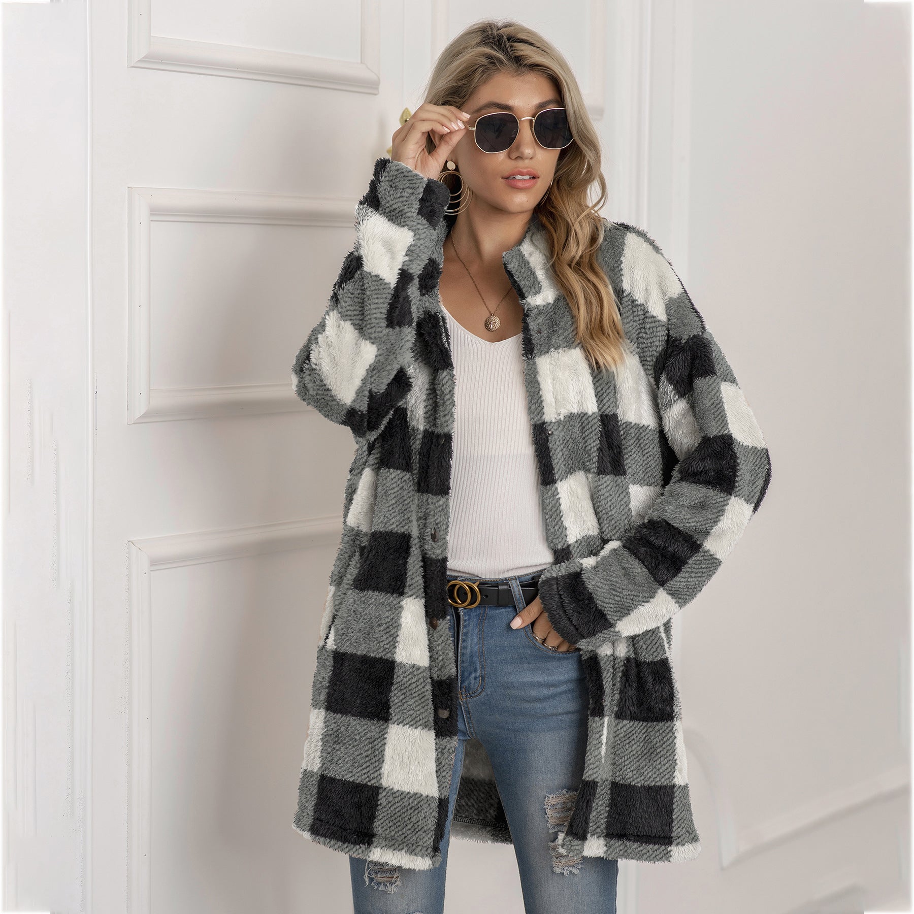 Contrast plaid long coat Limorista