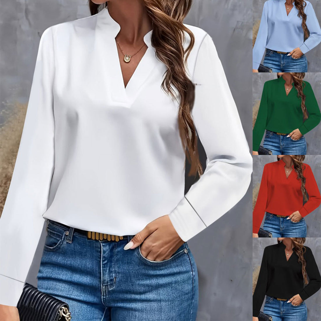 Simple Casual Solid Color And V-neck Loose Shirt Women&