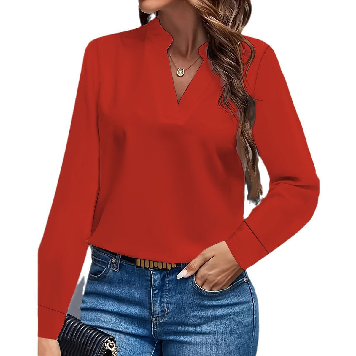 Simple Casual Solid Color And V-neck Loose Shirt Women&