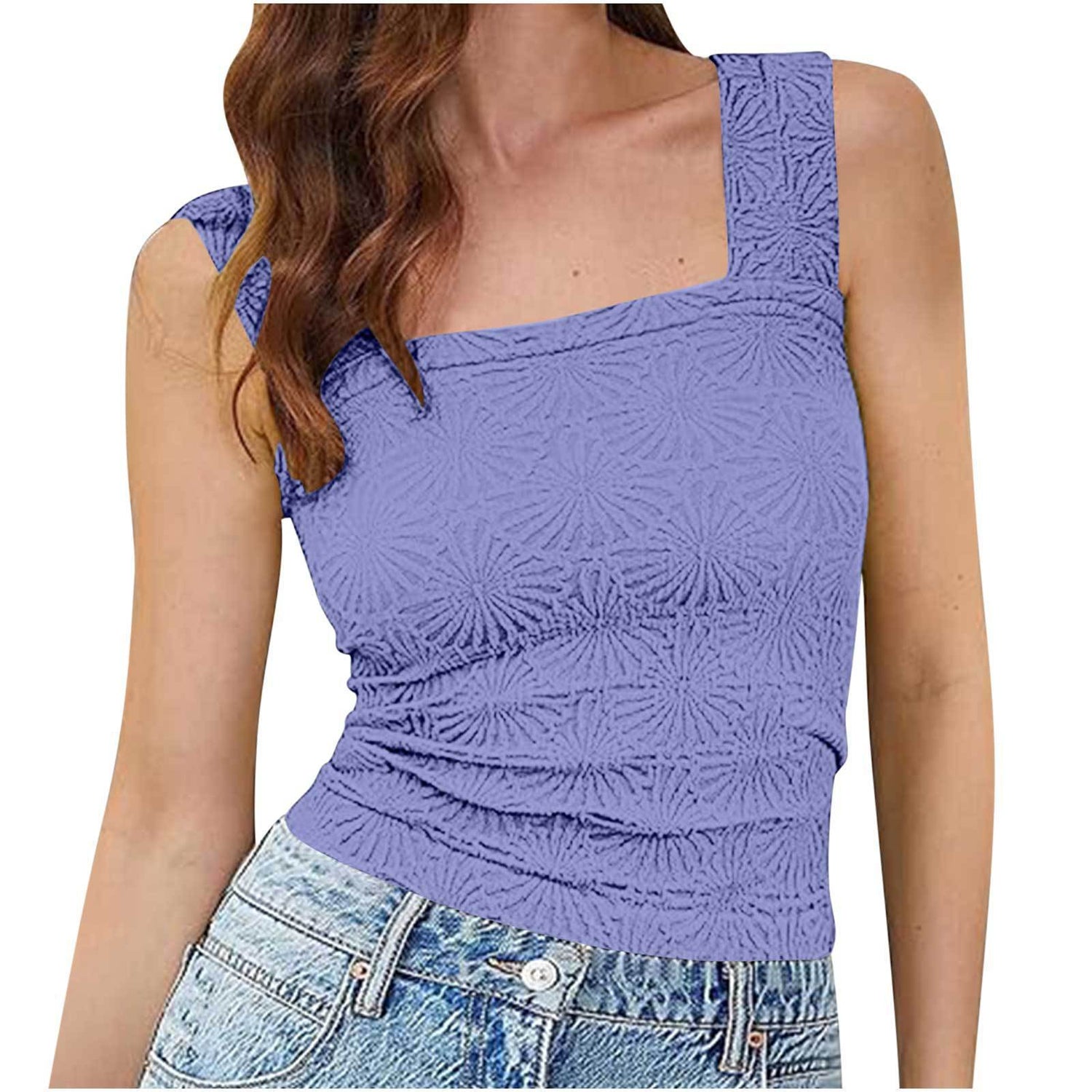 New Slim Fit Square Neck Vest Summer Fashion Jacquard Sleeveless Top For Women Clothing Limorista