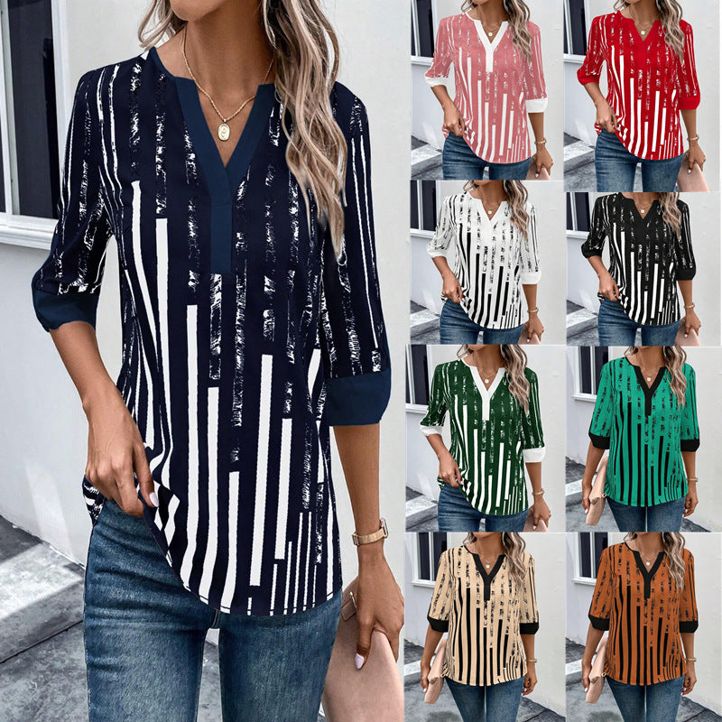 Double Matching Contrast Color Positioning Flower Half-sleeve Shirt Women&