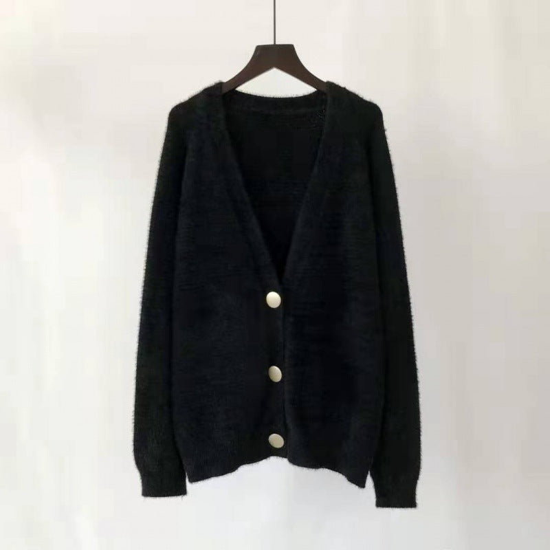 V-Neck Knitted Cardigan Button Mink Like Coat Limorista