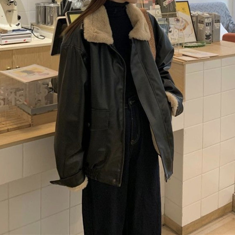 Zipper Retro Fashion Elegance Leather Coat Women&