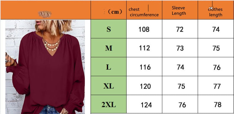 Autumn And Winter Solid Color Simple Cuff Smocking V-neck Women&