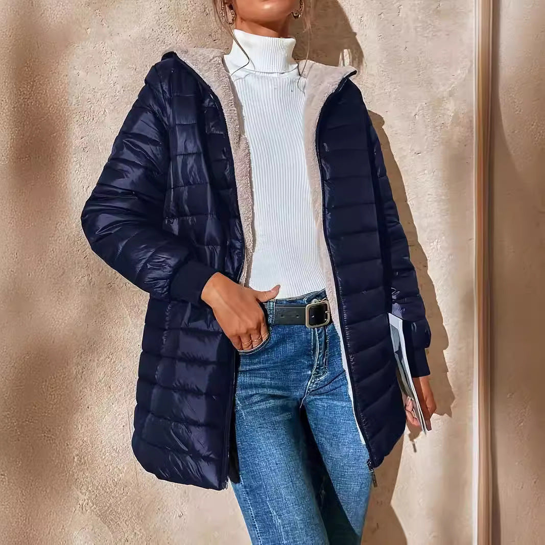 Mid-length Loose Hooded Fleece-lined Quilted Cotton Jacket Limorista