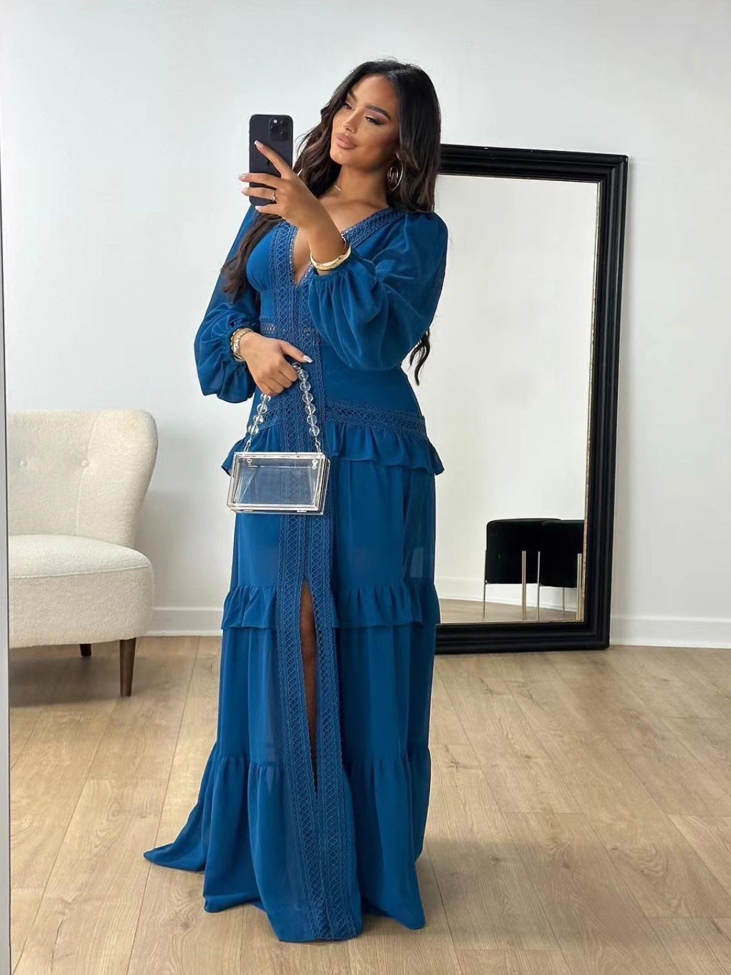 Elegant Stitching Long Sleeve V-neck Dress Limorista