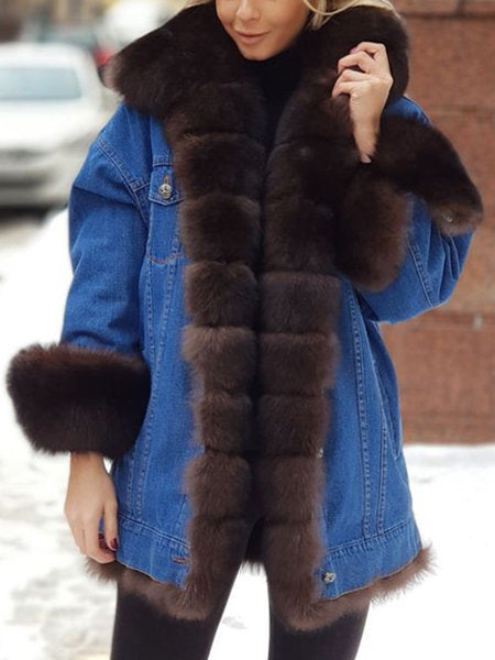 Fur integrated Denim Long sleeve coat Limorista
