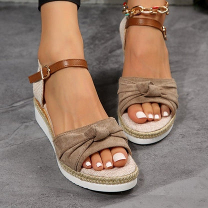 New Thick-soled Bow Sandals Summer Fashion Casual Linen Buckle Wedges Shoes For Women Limorista