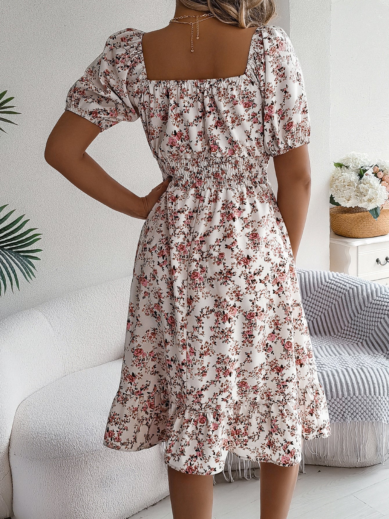 Floral Print Square Collar Dress Summer Fashion Ruffles Dresses Women&