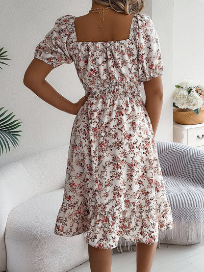 Floral Print Square Collar Dress Summer Fashion Ruffles Dresses Women&