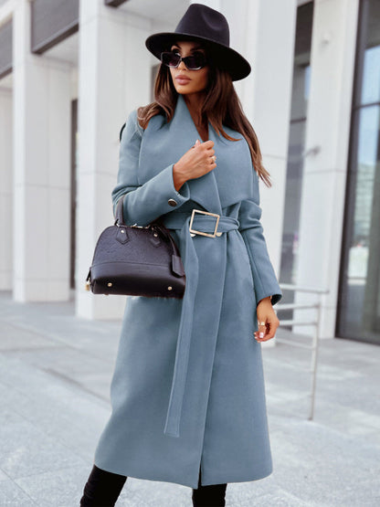 Autumn And Winter Simplicity Long Sleeve Button V-neck Lace Up Woolen Coat Women&