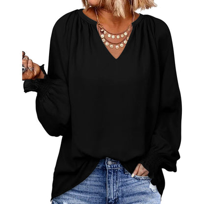 Autumn And Winter Solid Color Simple Cuff Smocking V-neck Women&