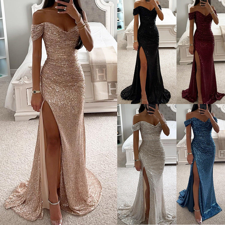 Party Sequins Off-neck Split Dress INS Casual Fashion Dress Women Limorista