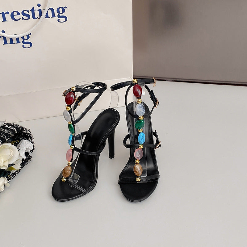 Fashion Colorful Beads Buckle Sandals Summer Stiletto High Heel Shoes Women Party Pumps Limorista