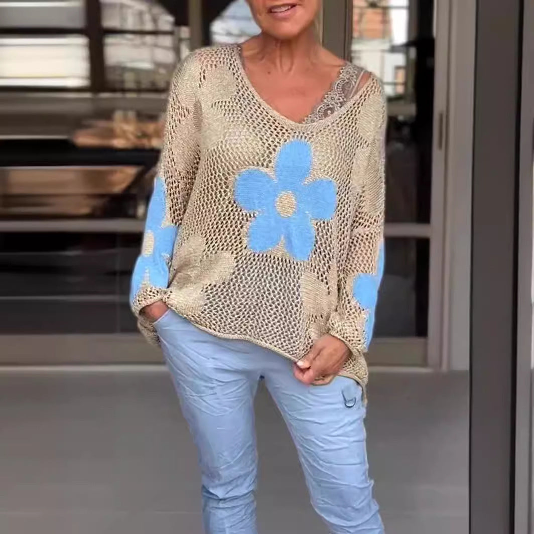 Floral Knitted Hollow Out V-neck Shirt Limorista