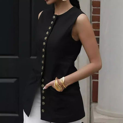 Elegant Round Neck Sleeveless Shirt Single Breasted Vest Jacket Limorista