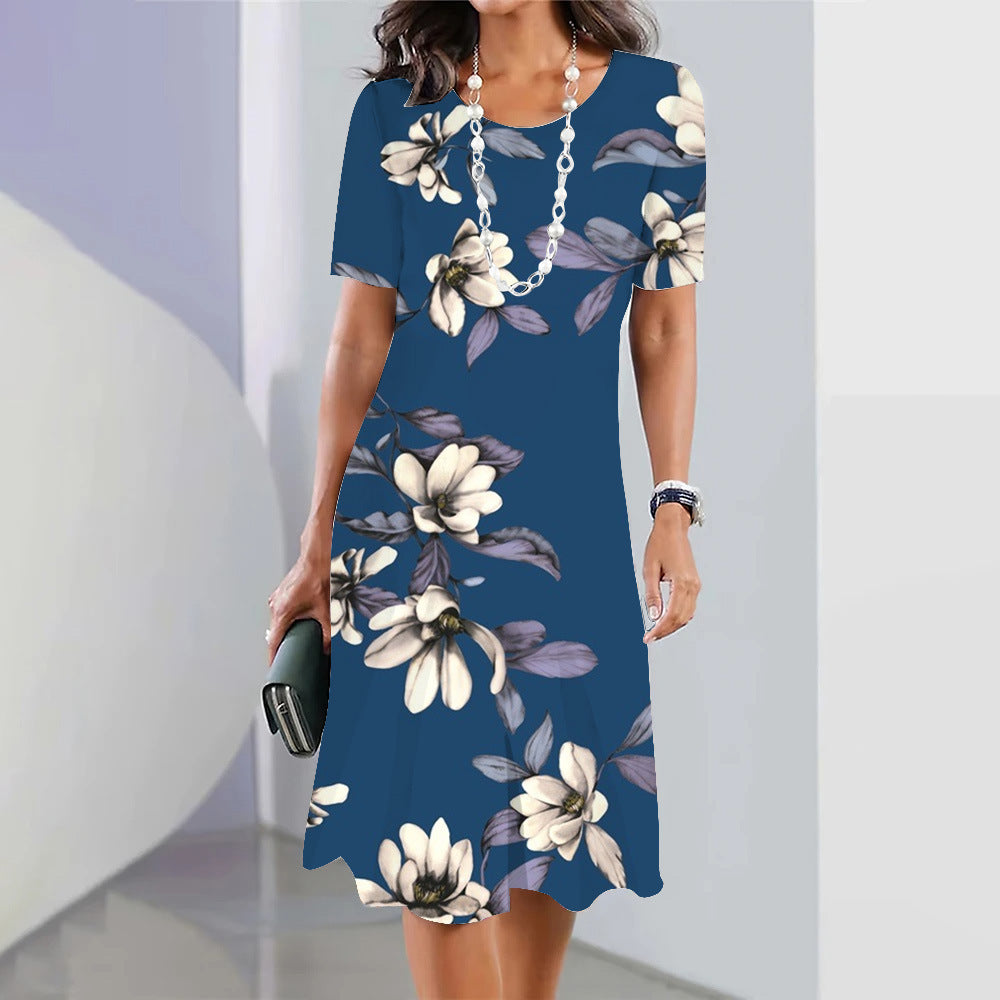 3d Floral Blue Printed Round Neck Fashion Party Dress Limorista