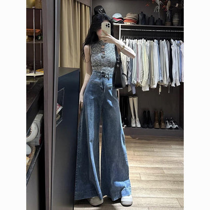 Retro Blue High Waist Loose Slim Floor-length Jeans For Women American High Street Drape Versatile Wide-leg Pants Limorista