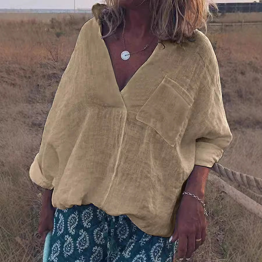 European And American V-neck Long Sleeve Shirt Pullover Women&