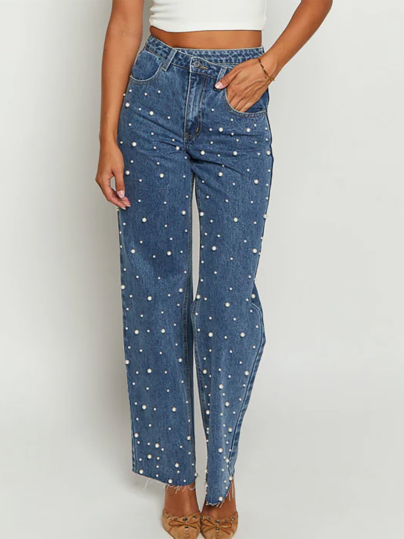 Oblique Waist Cross Beaded Straight-leg Frayed Hem Jeans Limorista