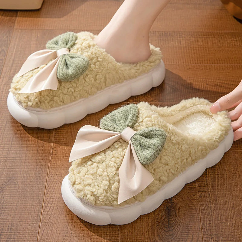 Winter Warm Fur Slippers For Women Cute Bow House Non Slip Soft Shoes Comfort Flat Heel Home Indoor Bedroom Plush Slippers Limorista
