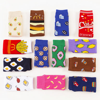 Avocado Chips Egg Fun Patchwork Color Medium Tube Cotton Socks Female Limorista
