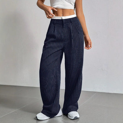 Stripe Printed Trousers Fashion High Waist Straight Leg Pants With Pocket Zipper Casual Suit Pants For Women Limorista