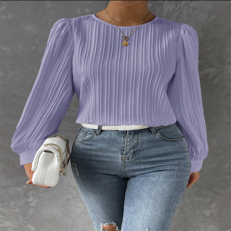 Spring Round Neck Lantern Sleeve Long Sleeve Solid Color Loose Blouse Limorista
