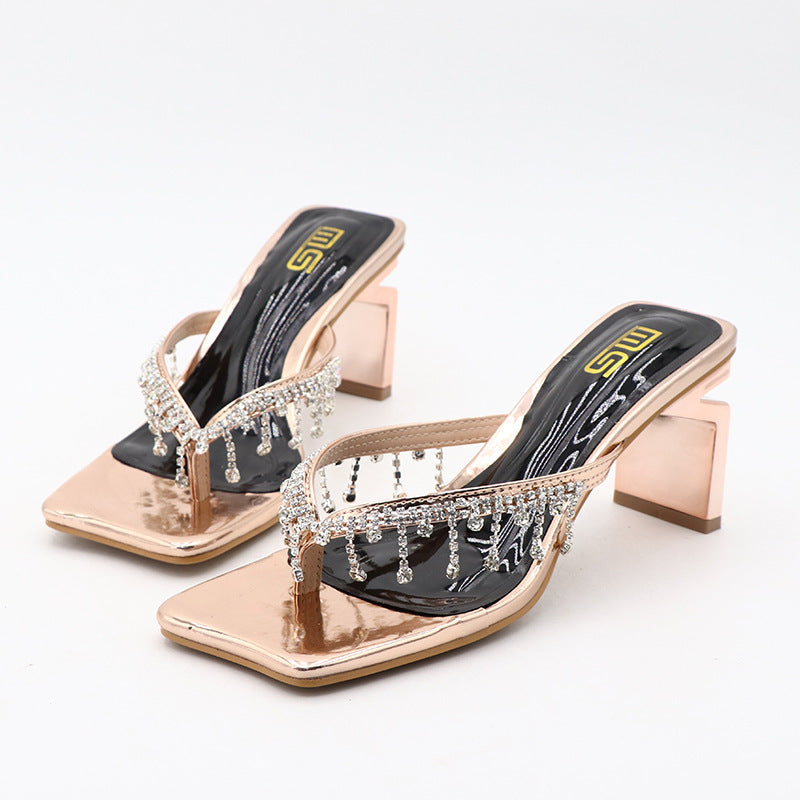 Square Toe Rhinestone High-heeled Outdoor Women&