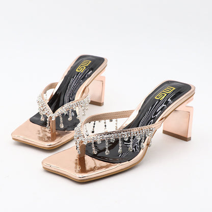 Square Toe Rhinestone High-heeled Outdoor Women&