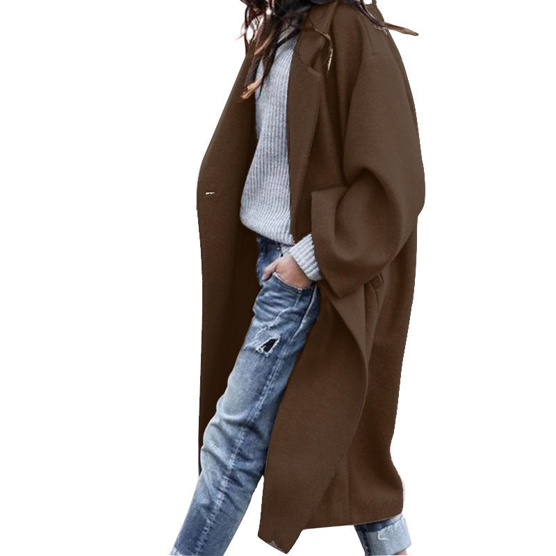 Casual Long Jacket With Pockets Solid Color Single Breasted Lapel Woolen Coat For Women Warm Winter Clothing Limorista