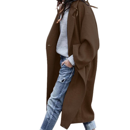 Casual Long Jacket With Pockets Solid Color Single Breasted Lapel Woolen Coat For Women Warm Winter Clothing Limorista
