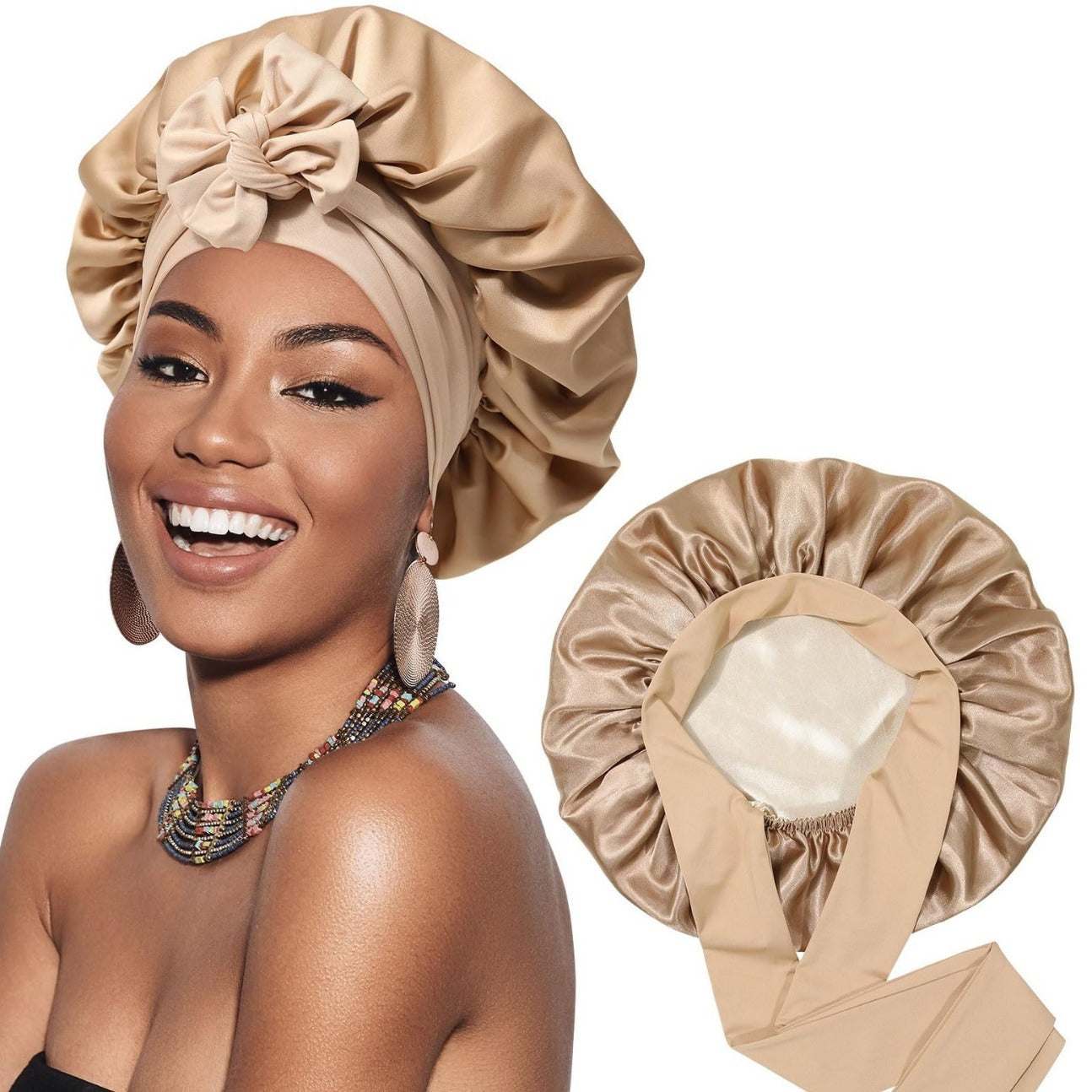 Double-layer Satin Ribbon Round Cap Bow Artificial Silk Beauty Hair Care Wide-brimmed Hat Limorista