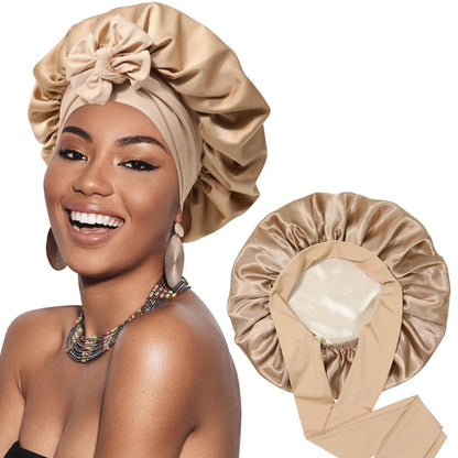 Double-layer Satin Ribbon Round Cap Bow Artificial Silk Beauty Hair Care Wide-brimmed Hat Limorista