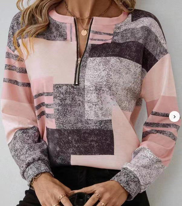 Round Neck Half Zipper Casual Style Polo Shirt Irregular Geometric Top Limorista