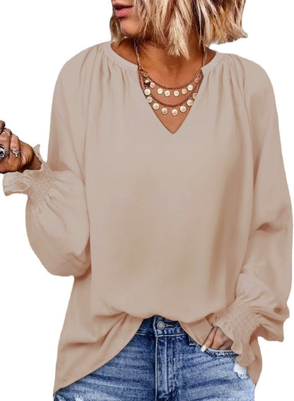 Autumn And Winter Solid Color Simple Cuff Smocking V-neck Women&