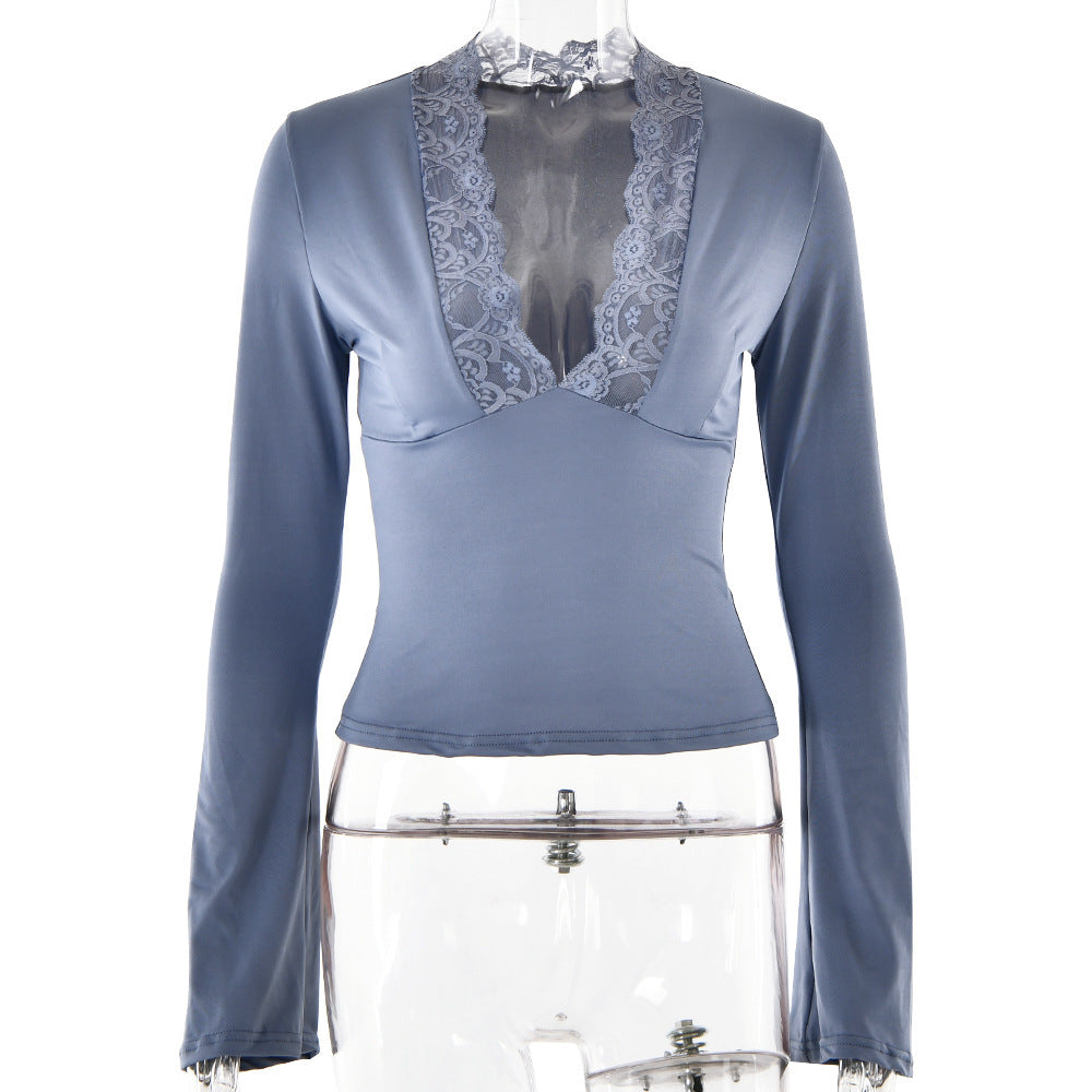Bottoming Shirt Long Sleeve Slim Fit V-neck Stitching Lace Lace-collared Blouse Limorista