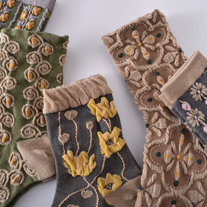 Cotton Socks Retro Court Three-dimensional Embossed Women&