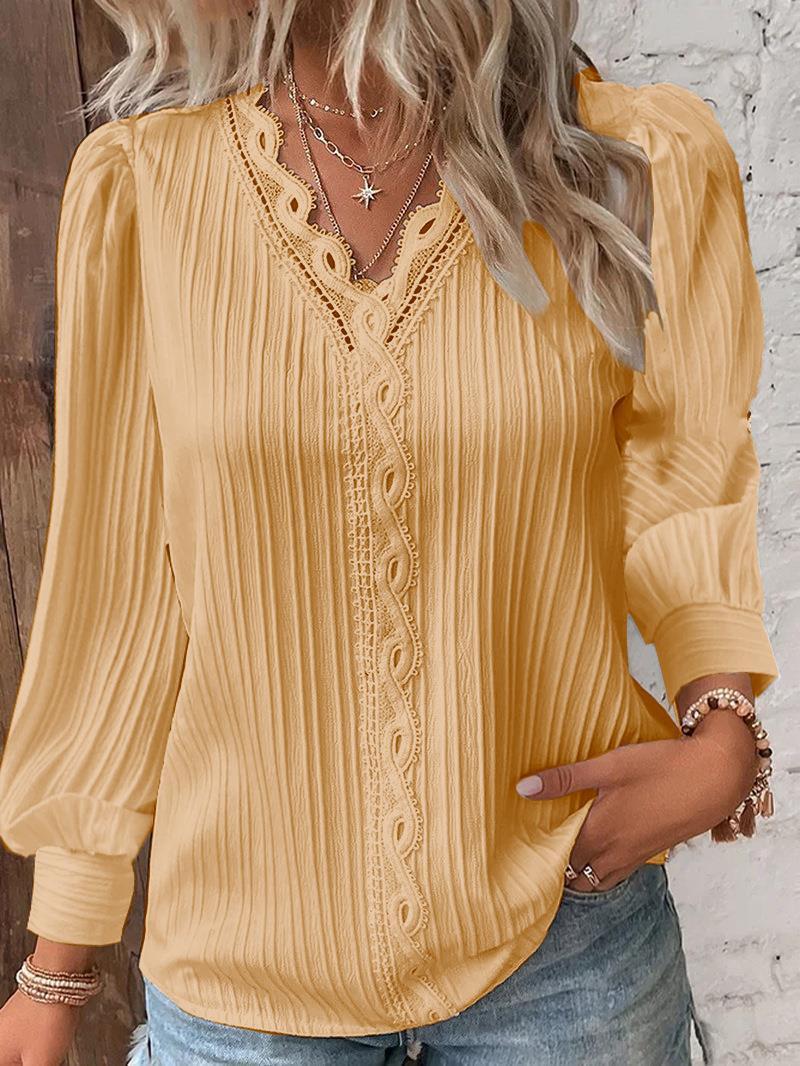 Long Sleeve V-neck Lace Patchwork Shirt Limorista