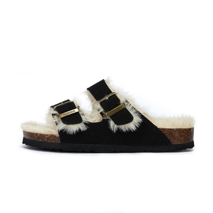 Autumn And Winter Plush Flat Bottomed Frosted Leather Boken Cork Slippers Limorista