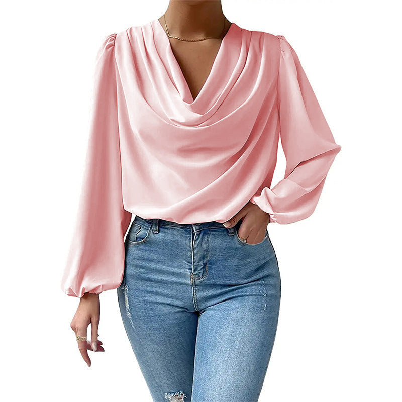European And American Summer Chiffon Long-sleeved Shirt Loose Draped V-neck Top Limorista