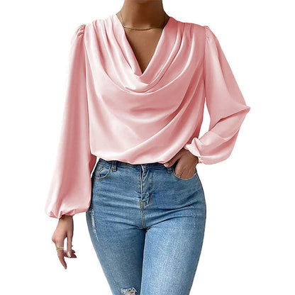 European And American Summer Chiffon Long-sleeved Shirt Loose Draped V-neck Top Limorista