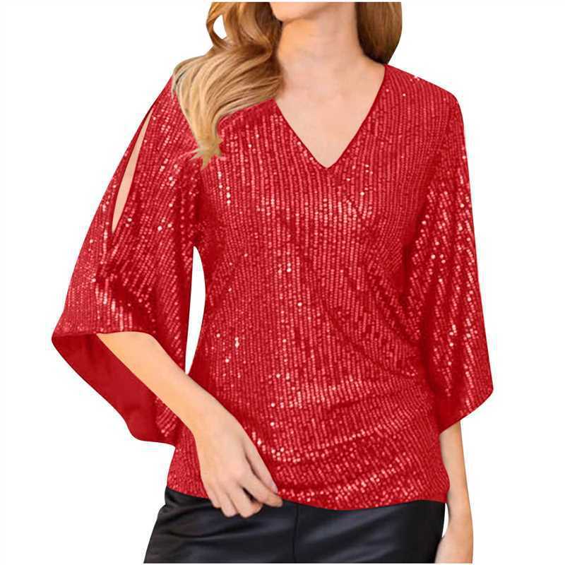 Loose Mid-length Sequined T-shirt Women&