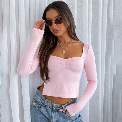 Autumn Ins New Solid Color Square Collar Long Sleeve Pleated Side Slit Top T-shirt For Women Limorista